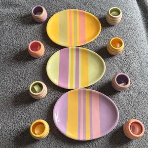 Dept 56 Easter Egg shaped plates and votive candle holders with votives. Pastel.